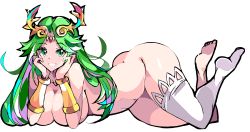 Rule 34 | 1girl, breasts, elbow rest, enpe, forehead jewel, full body, gold, green eyes, green hair, grin, highres, kid icarus, large breasts, laurel crown, long hair, looking at viewer, lying, nintendo, nude, on stomach, palutena, simple background, single thighhigh, smile, solo, teeth, the pose, thighhighs, tiara, vambraces, white background, white thighhighs