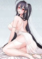 Rule 34 | 1girl, ass, azur lane, backless dress, backless outfit, black hair, breasts, cocktail dress, dress, earrings, evening gown, full body, garter straps, hair strand, highres, jewelry, large breasts, long hair, looking at viewer, official alternate costume, open mouth, plunging neckline, red eyes, sai-go, satin dress, see-through, see-through dress, silver footwear, sleeveless, sleeveless dress, solo, taihou (azur lane), taihou (temptation on the sea breeze) (azur lane), thighhighs, very long hair, wedding dress, white dress, white garter straps, white thighhighs