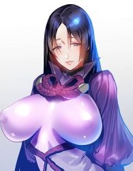 Rule 34 | 1girl, bad id, bad pixiv id, black hair, bodysuit, breasts, covered erect nipples, fate/grand order, fate (series), konrohhh, large breasts, long hair, looking at viewer, minamoto no raikou (fate), purple eyes, simple background, smile, solo, white background