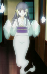 Rule 34 | 00s, 1girl, black hair, ghost, ghost tail, hitodama, japanese clothes, kimono, long hair, murasame oshizu, purple eyes, screencap, solo, stitched, third-party edit, to love-ru