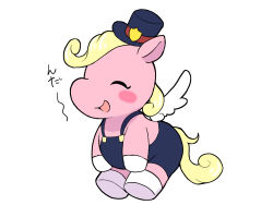 Rule 34 | ayahanamaru, blonde hair, blush stickers, closed eyes, creature, furry, furry female, hat, highres, hooves, horse, mini hat, mini top hat, no humans, open mouth, overalls, patano (pegasus) (pretty series), patano (pretty series), pegasus, pink fur, pretty series, simple background, top hat, translation request, waccha primagi!, white background, white wings, wings