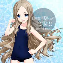 Rule 34 | 1girl, alternate breast size, artist name, asakaze (kancolle), blue background, blue eyes, blue one-piece swimsuit, blush, character name, collarbone, commentary request, cowboy shot, eyes visible through hair, flat chest, forehead, inaba shiki, kantai collection, leaf, leaf background, light brown hair, long hair, looking at viewer, old school swimsuit, one-hour drawing challenge, one-piece swimsuit, parted bangs, school swimsuit, sidelocks, solo, swimsuit, wavy hair