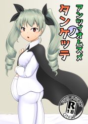 Rule 34 | 10s, 1girl, anchovy (girls und panzer), big belly, bow, cape, collar, collared shirt, dead people, girls und panzer, green hair, hair bow, necktie, open mouth, pantyhose, pregnant, red eyes, shirt, solo, translation request, twintails, white pantyhose