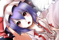 Rule 34 | 1girl, blue hair, blurry, depth of field, eyelashes, face, female focus, frown, fujisaki hikari, hat, highres, middle finger, open mouth, red eyes, remilia scarlet, short hair, solo, touhou, untied