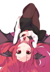 Rule 34 | 1girl, absurdres, bangs pinned back, bat wings, black skirt, black vest, blurry, blush, breasts, brown pantyhose, closed mouth, commentary request, depth of field, hair between eyes, hair spread out, hand on own chest, head wings, highres, iroha (pcrx7327), knees up, koakuma, long sleeves, looking at viewer, lying, necktie, on back, pantyhose, red eyes, red hair, red necktie, simple background, skirt, small breasts, smile, solo, touhou, upside-down, vest, white background, wings
