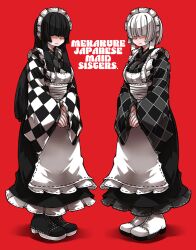 Rule 34 | 2girls, apron, ayame hashinimasen, black footwear, black hair, black skirt, black vs white, blunt bangs, blunt ends, bob cut, boots, checkered clothes, closed mouth, english text, full body, hair over eyes, long bangs, long hair, long skirt, maid, maid apron, maid headdress, multiple girls, original, own hands together, red background, short hair, siblings, simple background, sisters, skirt, standing, wa maid, white footwear, white hair