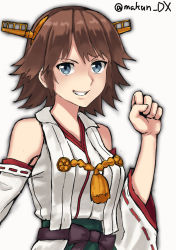 Rule 34 | 1girl, brown hair, detached sleeves, flipped hair, grin, hairband, headgear, hiei (kancolle), hiei kai ni (kancolle), highres, japanese clothes, kantai collection, looking at viewer, maakun (makun dx), one-hour drawing challenge, ribbon-trimmed sleeves, ribbon trim, short hair, simple background, smile, solo, twitter username, upper body, white background