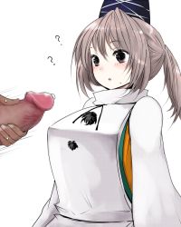 Rule 34 | 1boy, 1girl, ?, bad id, bad pixiv id, blush, breasts, censored, commentary request, grey eyes, grey hair, han (jackpot), hat, large breasts, long sleeves, looking at penis, male masturbation, masturbation, mononobe no futo, mosaic censoring, motion lines, open mouth, out of frame, penis, penis awe, ponytail, precum, short hair, simple background, solo focus, sweat, tate eboshi, touhou, upper body, white background