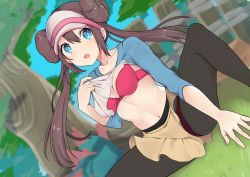 Rule 34 | 1girl, black pantyhose, blue eyes, blush, bra, breasts, brown hair, clothes lift, collarbone, commentary request, creatures (company), day, double bun, floating hair, game freak, grass, hair bun, highres, lifted by self, long hair, looking to the side, navel, nintendo, obybuss, open mouth, outdoors, panties, pantyhose, pink bra, pokemon, pokemon bw2, rosa (pokemon), shirt lift, short shorts, shorts, sidelocks, sitting, sleeves past elbows, solo, spread legs, teeth, tongue, tree, twintails, underwear, yellow shorts