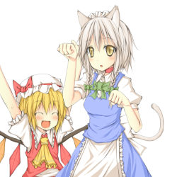 Rule 34 | 2girls, :d, \(^o^)/, \o/, ^ ^, alternate eye color, animal ears, arms up, blonde hair, blush, cat ears, cat girl, cat tail, closed eyes, closed eyes, female focus, flandre scarlet, hairband, hat, izayoi sakuya, kemonomimi mode, maid, multiple girls, natsuk, open mouth, outstretched arms, paw pose, ribbon, silver hair, smile, tail, touhou, wings, yellow eyes