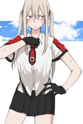 Rule 34 | 1girl, adapted costume, banned artist, black gloves, black skirt, blonde hair, blush, breasts, closed mouth, cloud, crop top, crop top overhang, cross, gloves, graf zeppelin (kancolle), hair between eyes, hand on own hip, highres, iron cross, kantai collection, large breasts, long hair, pleated skirt, purple eyes, saki tsurugi, shirt, short sleeves, sidelocks, simple background, skirt, solo, summer uniform, sweat, twintails