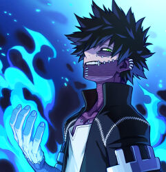 Rule 34 | 1boy, alternate eye color, black hair, black jacket, blue fire, boku no hero academia, burn scar, cel shading, cheek piercing, commentary request, dabi (boku no hero academia), ear piercing, embers, fingernails, fire, from side, green eyes, grin, hair over one eye, hand up, hatsuta, high collar, jacket, looking at viewer, looking to the side, male focus, multiple piercings, multiple scars, partial commentary, piercing, profile, pyrokinesis, scar, scar on face, scar on neck, shirt, short hair, short sleeves, sideways glance, smile, solo, spiked hair, t-shirt, upper body, white shirt