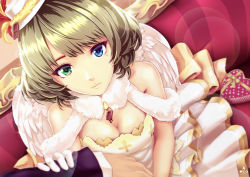 Rule 34 | 10s, 1girl, angel wings, bare shoulders, blue eyes, box, breasts, brown hair, chocolate, cleavage, couch, dress, dutch angle, from above, gift, gift box, gloves, green eyes, hat, hat feather, heterochromia, idolmaster, idolmaster cinderella girls, infinote, looking at viewer, looking up, medium breasts, melting, mini hat, mini top hat, mole, mole under eye, pov, short hair, signature, sitting, solo, solo focus, sparkle, takagaki kaede, top hat, valentine, white gloves, wings