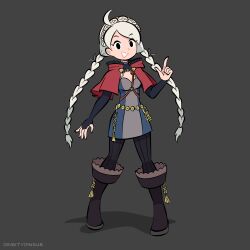 Rule 34 | 1girl, ahoge, black bridal gauntlets, boots, braid, bridal gauntlets, capelet, commission, commissioner upload, fire emblem, fire emblem fates, full body, hairband, harness, highres, hood, hooded capelet, keyring, leather, leather boots, low twin braids, low twintails, nina (fire emblem), nintendo, non-web source, o-ring, o-ring harness, open mouth, pantyhose, parted bangs, red hood, solo, striped clothes, striped pantyhose, twin braids, twintails, vertical-striped clothes, vertical-striped pantyhose, white hairband