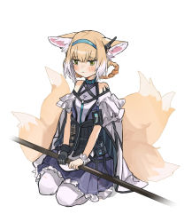 Rule 34 | 1girl, animal ears, arknights, bare shoulders, belt pouch, blonde hair, blue hairband, blue ribbon, blush, cape, chest strap, commentary, dress, embarrassed, fox ears, fox tail, frilled cuffs, frilled dress, frills, full body, gloves, green eyes, hair rings, hairband, headset, highres, holding, holding staff, id card, infection monitor (arknights), kitsune, kyuubi, material growth, multicolored hair, multiple tails, off-shoulder dress, off shoulder, oripathy lesion (arknights), pantyhose, pouch, purple dress, ribbon, seiza, single glove, sitting, solo, staff, streaked hair, suzuran (arknights), tail, tearing up, torn clothes, torn pantyhose, white background, white cape, white hair, white pantyhose, wrist cuffs, yurooe