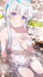 Rule 34 | 1girl, blue archive, blush, breasts, closed mouth, collarbone, halo, highres, large breasts, long hair, looking at viewer, naked towel, noa (blue archive), onsen, partially submerged, purple eyes, shiitake taishi, sitting, smile, solo, towel, water, white hair, white towel