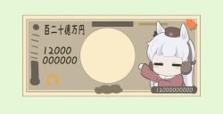 1girl banknote brown_hat chibi closed_eyes collared_dress dress ear_covers facing_viewer gold_ship_(umamusume) gomashio_(goma_feet) green_background grey_hair hat long_hair mini_hat money red_dress simple_background solo translation_request umamusume very_long_hair