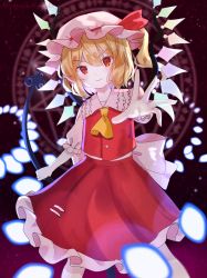 Rule 34 | 1girl, arm up, ascot, back bow, black background, blonde hair, blush, bow, buttons, closed mouth, collared shirt, crystal, danmaku, embodiment of scarlet devil, flandre scarlet, frills, gradient background, grey bow, hair between eyes, hand up, hat, hat ribbon, highres, jewelry, laevatein (touhou), looking at viewer, mob cap, multicolored wings, nyanaya, one side up, pentagram, pink hat, pink shirt, polearm, puffy short sleeves, puffy sleeves, purple background, red eyes, red ribbon, red skirt, red vest, ribbon, shirt, short hair, short sleeves, skirt, smile, solo, spear, spell card, standing, touhou, v-shaped eyebrows, vest, weapon, wings, yellow ascot