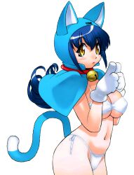 Rule 34 | 1girl, animal ears, bell, bikini, blue hair, blush, breasts, cat ears, cat tail, cowboy shot, fake animal ears, fake tail, flipped hair, gloves, highres, hood, large breasts, long hair, navel, neck bell, non-web source, os-tan, side-tie bikini bottom, simple background, solo, swimsuit, tail, white background, white bikini, white gloves, winchan, yellow eyes, yoshizaki mine