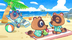 Rule 34 | 3boys, ^ ^, animal crossing, ball, beachball, blue eyes, boat, closed eyes, cloud, day, drinking, closed eyes, food, footprints, green shirt, highres, holding, leaf print, lying, male focus, multiple boys, nintendo, official art, on back, outdoors, palm tree, popsicle, purple-framed eyewear, sand, sand castle, sand sculpture, seashell, shell, shirt, shore, sitting, sky, sunglasses, timmy (animal crossing), tom nook (animal crossing), tommy (animal crossing), tree, water, watercraft