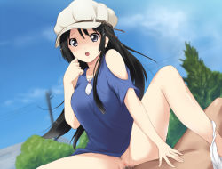 Rule 34 | 1girl, akiyama mio, black eyes, black hair, cabbie hat, casual, censored, clothed female nude male, clothed sex, cowgirl position, day, female pubic hair, girl on top, hat, hetero, k-on!, kaiga, long hair, long legs, mosaic censoring, nude, outdoors, panties, panties around leg, penis, petite, pubic hair, pussy, pussy juice, sex, solo focus, spread legs, straddling, underwear, vaginal