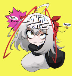 Rule 34 | 1girl, ahoge, antennae, arknights, black scarf, brain, breasts, bullet, clenched teeth, cropped torso, demon horns, dr yamero, english text, eyelashes, grey hair, grey shirt, hair between eyes, highres, horns, large breasts, maze, red horns, rolling eyes, scarf, shirt, short hair, simple background, solo, sweat, teeth, upper body, w (arknights), yellow background