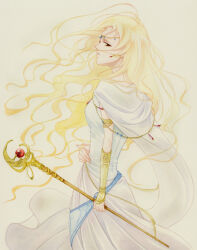 Rule 34 | 1girl, agahari, blonde hair, breasts, circlet, dress, edain (fire emblem), fire emblem, fire emblem: genealogy of the holy war, from behind, holding, holding staff, long hair, looking at viewer, medium breasts, nintendo, solo, staff, white dress