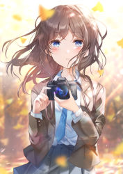 Rule 34 | 1girl, absurdres, bad id, bad pixiv id, black skirt, blazer, blouse, blue eyes, blue necktie, blurry, blurry background, blush, brown hair, brown jacket, camera, camera around neck, collared shirt, commentary, depth of field, english commentary, ginkgo leaf, highres, holding, holding camera, jacket, leaf, long sleeves, looking at viewer, namamake, necktie, open clothes, open jacket, original, parted lips, pleated skirt, shirt, skirt, solo, white shirt