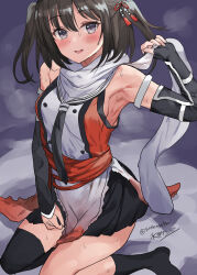 Rule 34 | armpits, black hair, black socks, black thighhighs, blush, breasts, commentary, grey eyes, hair ornament, highres, holding, holding clothes, holding scarf, kantai collection, kneehighs, looking at viewer, medium breasts, mizuta kenji, one-hour drawing challenge, parted lips, sailor collar, scarf, sendai (kancolle), sendai kai ni (kancolle), signature, simple background, single kneehigh, single sock, single thighhigh, sitting, skirt, socks, solo, sweat, thighhighs, twitter username, two side up, white sailor collar, white scarf
