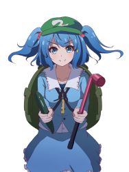 Rule 34 | 1girl, backpack, bag, blouse, blue eyes, blue hair, blue shirt, blue skirt, buttons, crowbar, cucumber, flat cap, frilled shirt, frills, gem (symbol), green hat, hair bobbles, hair ornament, hat, kawashiro nitori, key, long sleeves, looking at viewer, remiria100, shirt, short twintails, simple background, skirt, skirt set, smile, solo, sparkle, touhou, twintails, two side up, white background