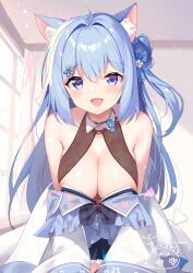 Rule 34 | 1girl, :d, animal ear fluff, animal ears, artist name, bare shoulders, blue eyes, blue hair, blue skirt, blush, borrowed character, breasts, choker, cleavage, clothing request, commentary request, commission, detached collar, fang, frilled skirt, frills, hair bun, hair ornament, highres, indoors, kakerayuri, large breasts, long hair, looking at viewer, one side up, open mouth, original, pleated skirt, signature, single hair bun, skin fang, skirt, smile, solo
