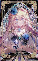 Rule 34 | 1girl, absurdres, blonde hair, blue eyes, blue flower, blue gemstone, blue rose, bug, butterfly, chromatic aberration, commission, crossed bangs, crystal, cupping hands, facial mark, flower, gem, hair flower, hair ornament, highres, insect, jiuyujianbaishi, light smile, long hair, looking at viewer, motion blur, original, own hands together, procreate (medium), rose, slit pupils, smile, solo, transparent butterfly