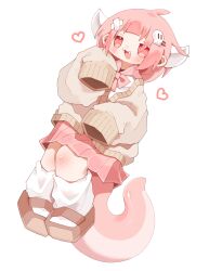 Rule 34 | 1girl, :3, absurdres, bandaid, bandaid on head, brown cardigan, brown footwear, cardigan, commentary, dragon girl, english commentary, fang, full body, hair ornament, hand up, heart, highres, horns, kneehighs, light blush, lizard tail, long hair, long sleeves, looking at viewer, low horns, mary janes, nikamoka, open mouth, original, pink eyes, pink hair, pink sailor collar, pink serafuku, pink skirt, pleated skirt, sailor collar, school uniform, serafuku, shirt, shoes, sidelocks, simple background, skirt, skull hair ornament, sleeves past fingers, sleeves past wrists, socks, solo, standing, tail, white background, white horns, white shirt, white socks