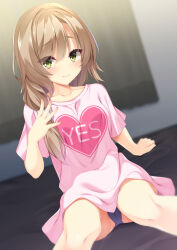 Rule 34 | 1girl, aria (koiiroharemoyou), arm support, aroused, black panties, blurry, blurry background, blush, breasts, brown hair, cameltoe, closed mouth, collarbone, commentary request, dutch angle, eyelashes, eyes visible through hair, fingernails, green eyes, hair between eyes, heart, heart print, indoors, long hair, looking at viewer, low side ponytail, mikuni sairi, on bed, panties, pink skirt, pussy juice, short sleeves, shy, sitting, skirt, small breasts, smile, solo, spiked hair, straight-on, sweat, tenshi souzou re-boot!, underwear, upturned eyes, wavy mouth, yes