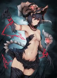Rule 34 | 1girl, arm tattoo, bad id, bad pixiv id, bare shoulders, black hair, black thighhighs, breasts, claws, cleavage, cowboy shot, detached collar, facial tattoo, feathers, gloves, groin, hair between eyes, helmet, highres, horns, looking at viewer, medium breasts, navel, original, outstretched arm, red eyes, revealing clothes, ribbon, short hair, snm (sunimi), solo, stomach, tail, tattoo, thighhighs, wrist ribbon