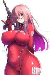 Rule 34 | 1girl, absurdres, bodysuit, breasts, c.r., cameltoe, character request, copyright request, covered erect nipples, covered navel, cowboy shot, energy gun, glasses, gun, highres, holding, holding gun, holding weapon, impossible bodysuit, impossible clothes, large breasts, latex, long hair, pink eyes, pink hair, ray gun, red-framed eyewear, red bodysuit, science fiction, skin tight, solo, weapon