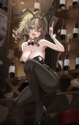 Rule 34 | 1girl, :d, absurdres, animal ears, bar (place), bare shoulders, black bow, black bowtie, black footwear, black leotard, black pantyhose, bottle, bow, bowtie, breasts, brown hair, card, cleavage, coin, fake animal ears, grey eyes, headband, high heels, highres, holding, holding card, honkai (series), honkai impact 3rd, indoors, kd (kdh45689), large breasts, leotard, long hair, looking at viewer, open mouth, pantyhose, playboy bunny, rabbit ears, sitting, smile, solo, strapless, strapless leotard, vill-v, wine bottle, wine cellar, wrist cuffs