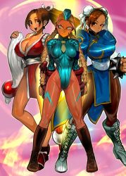 Rule 34 | 3girls, ahoge, antenna hair, blonde hair, blue leotard, bodypaint, boots, bracelet, braid, breasts, brown hair, brown legwear, bun cover, cammy white, camouflage, capcom, china dress, chinese clothes, chun-li, cleavage, cross-laced footwear, crossover, double bun, dress, fatal fury, full body, garrison cap, hair bun, hat, highleg, highleg leotard, huge ahoge, jewelry, jintetsu, knee boots, lace-up boots, large breasts, leotard, long hair, medium breasts, multiple girls, narrow waist, necktie, ninja, pantyhose, pelvic curtain, ponytail, ribbed leotard, scar, shiranui mai, short hair, shoulder pads, skin tight, snk, spiked bracelet, spikes, standing, street fighter, street fighter zero (series), the king of fighters, thighs, thong leotard, twin braids