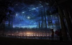 Rule 34 | 2girls, commentary request, fence, forest, multiple girls, nature, night, night sky, original, outdoors, ponytail, scenery, silhouette, sky, standing, star (sky), star (symbol), star trail, starry sky, tree, zennmai siki