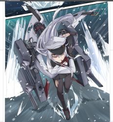 Rule 34 | 10s, 1girl, black gloves, black pantyhose, black skirt, gangut (kancolle), gloves, hat, ido (teketeke), jacket, kantai collection, long hair, long sleeves, machinery, pantyhose, peaked cap, pleated skirt, scar, shaded face, silver hair, skirt, solo, torn clothes, torn pantyhose, turret, unfinished, white jacket, yellow eyes