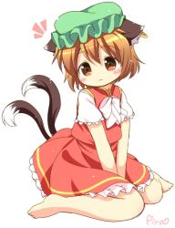 Rule 34 | 1girl, :&lt;, animal ears, barefoot, brown eyes, brown hair, cat ears, cat tail, chen, earrings, full body, green hat, hat, jewelry, mob cap, multiple tails, nekomata, pila-pela, seiza, short hair, short sleeves, simple background, single earring, sitting, solo, tail, touhou, two tails, v arms, wariza, white background