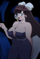 Rule 34 | 1girl, alternate costume, areola slip, between breasts, blue eyes, blunt bangs, blush, bow, breasts, brown hair, cave, cleavage, curvy, hair bow, hair ribbon, highres, kuonji ukyou, large breasts, long hair, looking at viewer, mage (harumagedon), no bra, open mouth, oversized object, pants, plump, ranma 1/2, ribbon, sash, solo, standing, strap between breasts, strapless, thick thighs, thighs, topless, underbust, very long hair, weapon, weapon on back