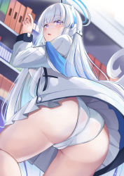 Rule 34 | 1girl, ass, bare legs, blue archive, cameltoe, cleft of venus, formal, from below, halo, headphones, highres, jacket, konka, long hair, looking at viewer, mechanical halo, miniskirt, noa (blue archive), off shoulder, panties, pantyshot, pleated skirt, purple eyes, shirt, skirt, suit, thighs, underwear, very long hair, white hair, white jacket, white panties, white shirt, white suit