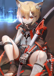 Rule 34 | 1girl, animal ear fluff, arknights, bandaged arm, bandaged leg, bandages, bare shoulders, black scarf, black shorts, blonde hair, bow (weapon), cape, ear piercing, fingerless gloves, fox girl, gloves, grin, highres, holding, holding bow (weapon), holding weapon, leg strap, looking at viewer, material growth, mechanical arms, midriff, mitake eil, navel, necklace, orange eyes, originium (arknights), oripathy lesion (arknights), piercing, prosthesis, prosthetic arm, scarf, short hair, shorts, single mechanical arm, sitting, smile, solo, toeless legwear, toenails, tooth necklace, vermeil (arknights), weapon