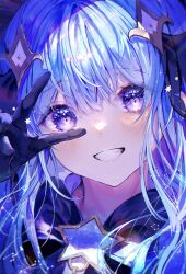 Rule 34 | 1girl, absurdres, black gloves, blue hair, blush, commentary, english commentary, gloves, grin, hair between eyes, hair ornament, highres, long hair, looking at viewer, noyu (noyu23386566), original, portrait, purple eyes, smile, solo, star (symbol), v