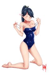 Rule 34 | 1girl, alternate breast size, alternate costume, artist logo, barefoot, black hair, blue one-piece swimsuit, breasts, brown eyes, cleavage, clothes pull, collarbone, commentary request, competition school swimsuit, covered navel, from side, full body, heart, high ponytail, houshou (kancolle), kantai collection, kneeling, legs apart, looking at viewer, medium breasts, narrow waist, one-piece swimsuit, one-piece swimsuit pull, one eye closed, parted bangs, ponytail, pulling own clothes, school swimsuit, simple background, solo, spoken heart, swept bangs, swimsuit, tadokoro nurikabe, white background