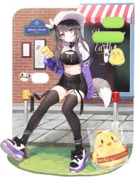 Rule 34 | 1girl, :3, :d, azur lane, black hair, black skirt, black thighhighs, byulzzi, clothing cutout, expressions, fake tail, garter straps, gradient eyes, hat, highres, jewelry, key, key necklace, long sleeves, looking at viewer, manjuu (azur lane), midriff, multicolored eyes, navel cutout, necklace, official alternate costume, official art, open mouth, pamiat merkuria (azur lane), pamiat merkuria (chic and cheeky) (azur lane), plastic wrap, red eyes, side ponytail, single garter strap, sitting, skirt, sleeves past wrists, smile, tail, thighhighs, thighs, transparent background