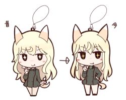 Rule 34 | 1girl, animal ears, arrow (symbol), blonde hair, blush, buttons, erua, fox ears, fox tail, heart, honda takashi (enorea), charm (object), long hair, military, military uniform, multiple views, ottilie kittel, simple background, smile, sparkle, strike witches, symbol-shaped pupils, tail, tongue, uniform, white background, world witches series