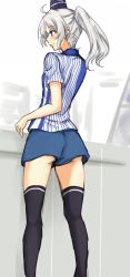 Rule 34 | 1girl, amagi (amagi626), ass, black thighhighs, blue eyes, blue shorts, closed mouth, convenience store, from behind, hat, high ponytail, highres, lawson, legs, long hair, mononobe no futo, ponytail, profile, shirt, shop, short sleeves, shorts, silver hair, smile, solo, standing, store clerk, tate eboshi, thighhighs, thighs, touhou, uniform, upshorts
