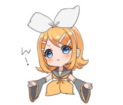 Rule 34 | 1girl, :&lt;, blonde hair, blue eyes, blush, chibi, closed mouth, cropped torso, detached sleeves, grey sailor collar, grey sleeves, hair ornament, hair ribbon, hairclip, headphones, kagamine rin, long sleeves, neckerchief, nuno (pppompon), orange neckerchief, outstretched arms, parted bangs, ribbon, sailor collar, school uniform, serafuku, shirt, simple background, sleeveless, sleeveless shirt, solo, translation request, upper body, v-shaped eyebrows, vocaloid, white background, white ribbon, white shirt, wide sleeves